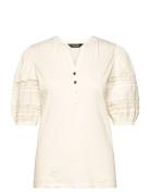 Lace-Trim Jersey Puff-Sleeve Henley Tee Lauren Ralph Lauren Cream