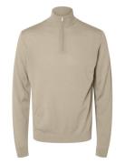 Slhtray Ls Knit Merino Half Zip Noos Selected Homme Beige