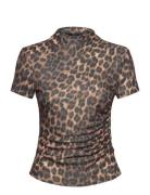 Leopard-Print T-Shirt With Ruffled Detail Mango Brown