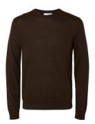 Slhtray Ls Knit Merino Crew Neck Noos Selected Homme Brown