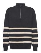 Sweater Knitted Halfzip Stripe Lindex Navy