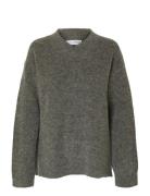 Slfsia Ras Ls Knit Long V-Neck Noos Selected Grey