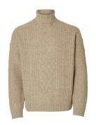 Slhneil Ls Knit Relaxed Cable Roll Neck Selected Beige