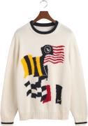 Gant Flag Intarsia Cotton Cneck Mand Eggshell Sweaters Relaxed Fit Str...