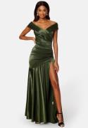 Goddiva Satin Bardot Pleat Maxi With Split Olive XXL (UK18)