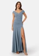 Goddiva Bardot Pleat Maxi Split Dress Air Force Blue L (UK14)