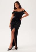 Goddiva Velvet Bardot Corset Maxi Dres Black L (UK14)