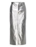 Metallic Midi Skirt Knælang Nederdel Silver Mango