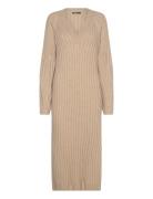 V-Neck Knitted Dress Knælang Kjole Beige Gina Tricot