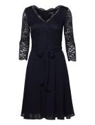 Recycled: Chiffon Midi Dress With Lace Knælang Kjole Navy Esprit Colle...