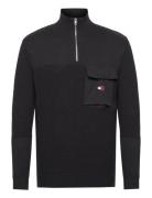 Tjm Reg Mix Fabric Tech Sweater Tops Knitwear Half Zip Jumpers Black T...