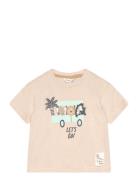 Printed Cotton-Blend T-Shirt Tops T-Kortærmet Skjorte Beige Mango