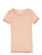 Rib T-Shirt Lace Ss Tops T-Kortærmet Skjorte Pink Wheat