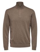 Slhberg Half Zip Cardigan Noos Tops Knitwear Half Zip Jumpers Brown Se...