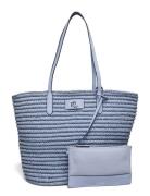 Leather-Trim Straw Large Brie Tote Bag Shopper Taske Blue Lauren Ralph...