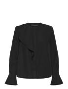 Crepe Light Asymm Frill Shirt Tops Blouses Long-sleeved Black French C...