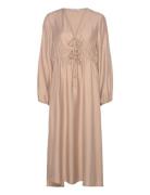 Norah V-Neck Strap L/S Dress Maxikjole Festkjole Beige Bubbleroom