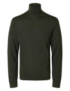 Slhtray Ls Knit Merino Roll Neck Noos Tops Polos Long-sleeved Khaki Gr...