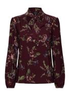 Floral Stretch Jersey Tie-Neck Top Tops Blouses Long-sleeved Burgundy ...