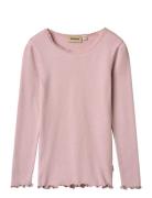 Rib T-Shirt Lace Ls Tops T-shirts Long-sleeved T-Skjorte Pink Wheat