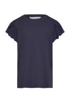 Short-Sleeved Ruffle T-Shirt Tops T-Kortærmet Skjorte Navy Mango