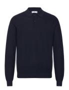 Micro-Structured Cotton Polo Shirt Tops Knitwear Long Sleeve Knitted P...