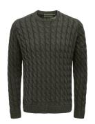 Onskicker Life Reg 3 Cable Crew Knit Tops Knitwear Round Necks Khaki G...