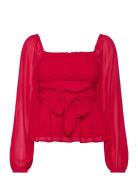 Square Neck L/S Georgette Blouse Tops Blouses Long-sleeved Red Bubbler...