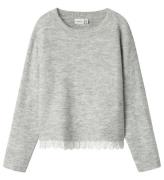 Name It Bluse - Strik - NkfTalace - Light Grey Melange m. Broder